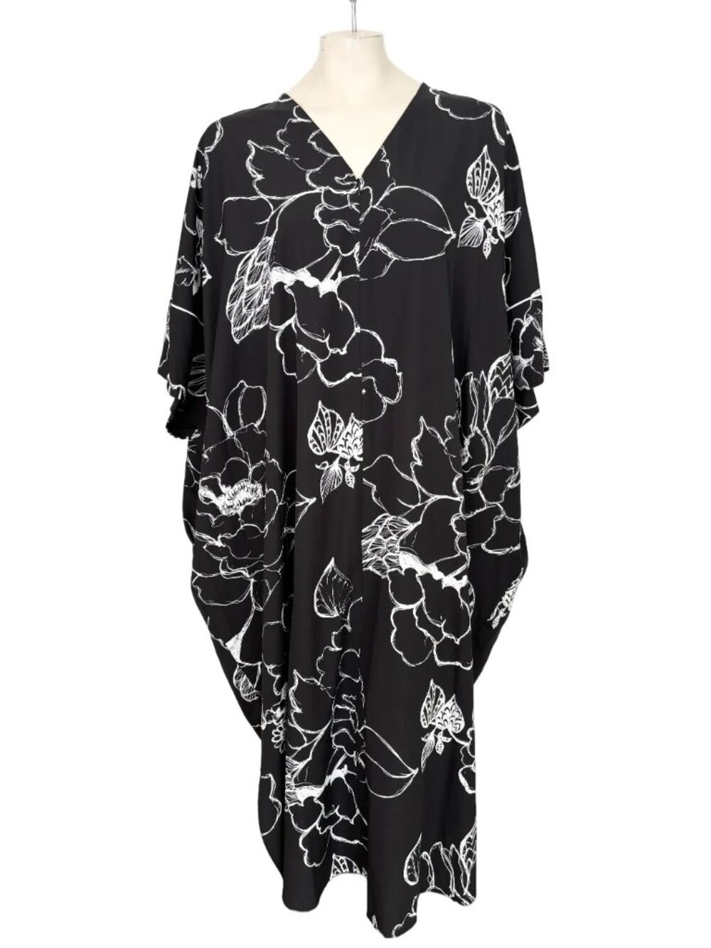 NEW NATORI Juliette Satin Zip Floral Caftan Black White SZ XL